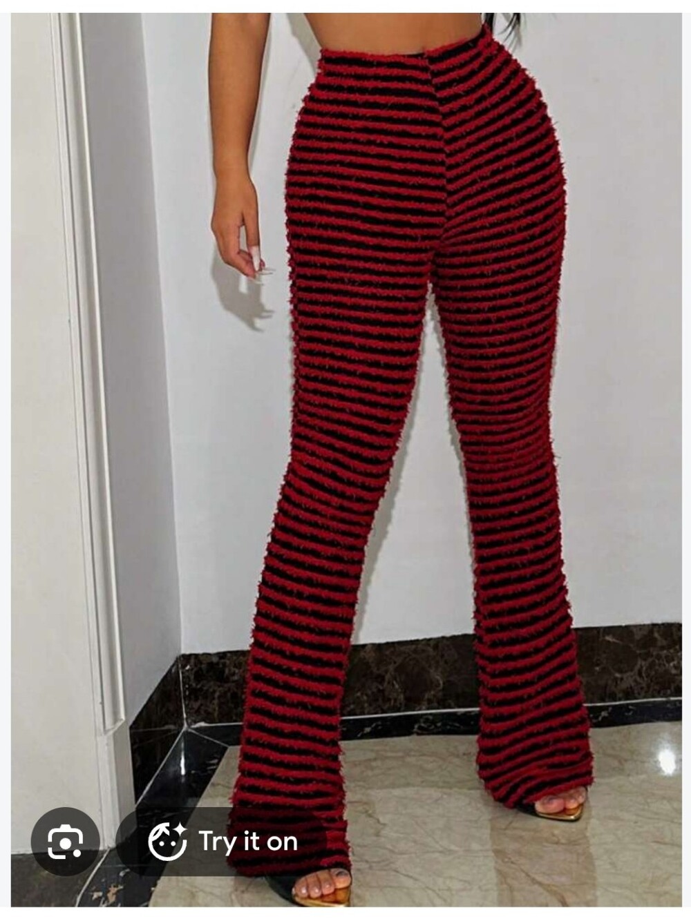 SHEIN Red & Black Textured Flared Knit Pants